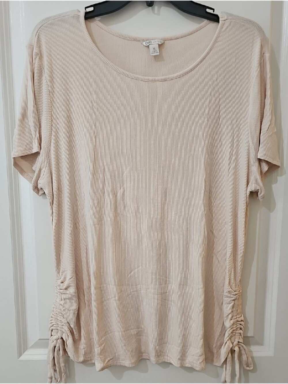 Cream Ribbed Short-Sleeve Top with Side Ties